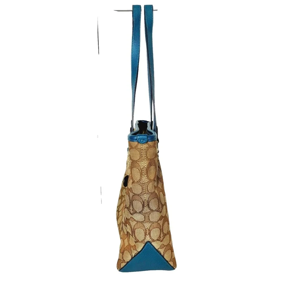 Coach Khaki Canvas Blue Leather Monogram Signature Tote Shoulder Bag Purse